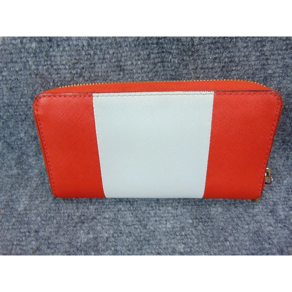 Michael Kors Orange White Stripe Zip Around Wristlet Wallet Clutch Gold Hardware - Picture 5 of 15